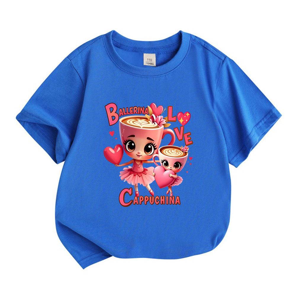 Kids Boys Girls 100% Cotton Crew Neck Short Sleeve T-Shirt, Cute Cappuccino Cup Ballerina Love Heart Print Casual Soft Tee for Daily Wear