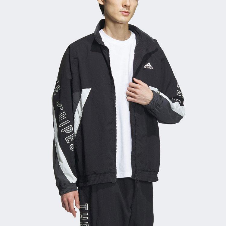 Adidas Letter Print Color Block Loose Stand Collar Long Sleeve Jacket Unisex Jacket Black IS5146