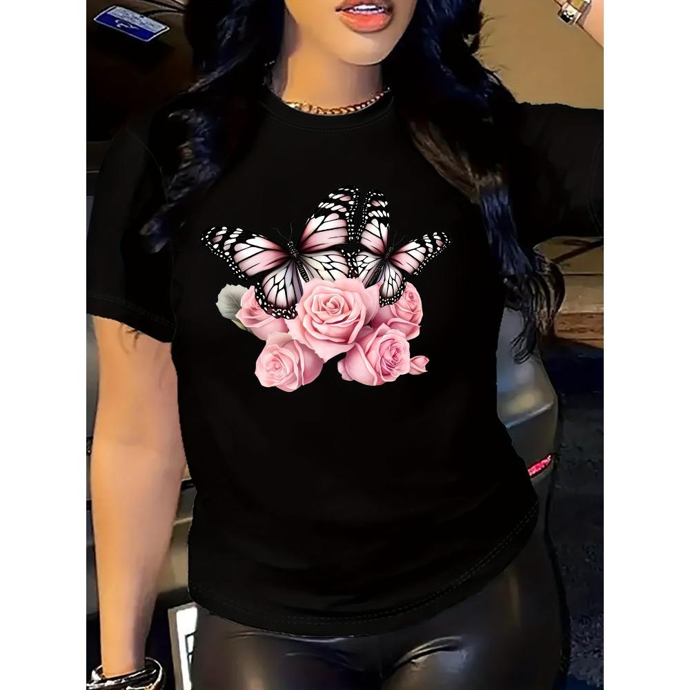 

Дышащая ткань в весенне-летнем стиле, женская футболка обычной длины с принтом бабочек и роз, повседневная с короткими рукавами 6XL