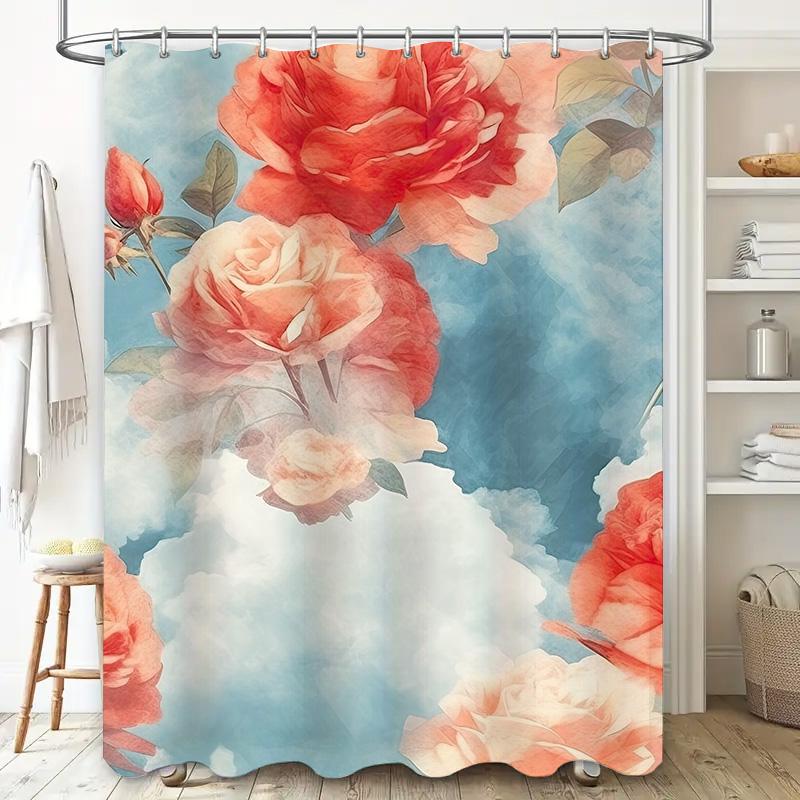 Modern Floral Shower Curtain Peony Blue Clouds Bath Decor for Home Bathroom