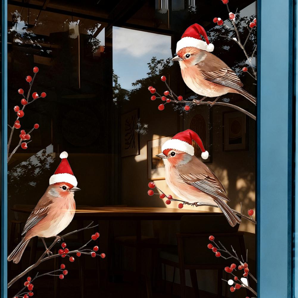 Red Christmas Hat Sparrow Bird Static Atmosphere Sticker Door Holiday Window Decorations Glass Shop M9M2