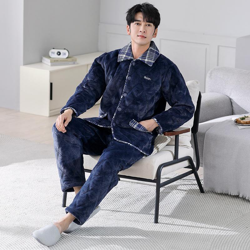 Pajamas Men'S Winter Thickened Fleece Coral Fleece Three-Layer Padded Cotton Autumn And Winter Flannel Warm Padded Jacket Loungewear