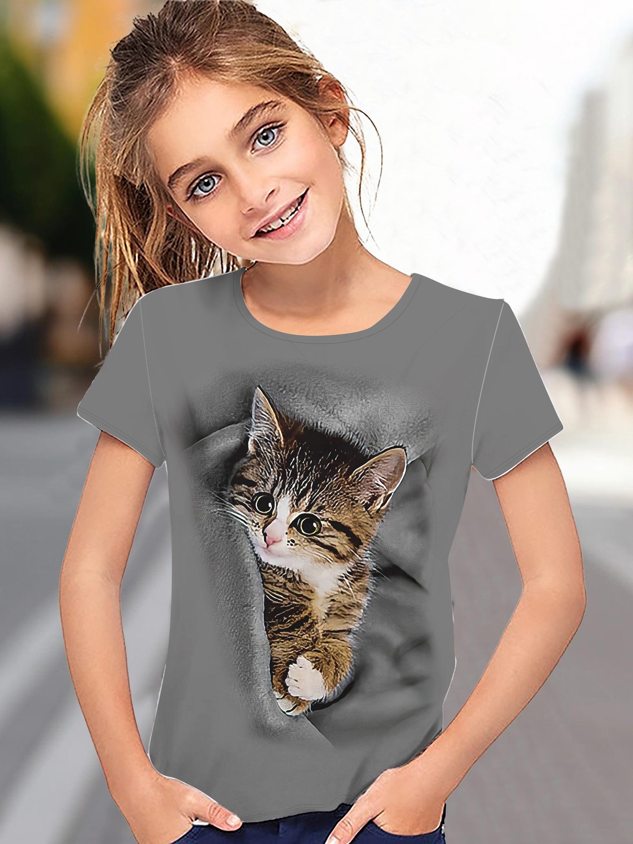 

Детская одежда Футболка для девочек с коротким рукавом 3D принт с изображением мультяшного кота Детская летняя одежда Модная милая одежда для девочек Топы из полиэстера 160