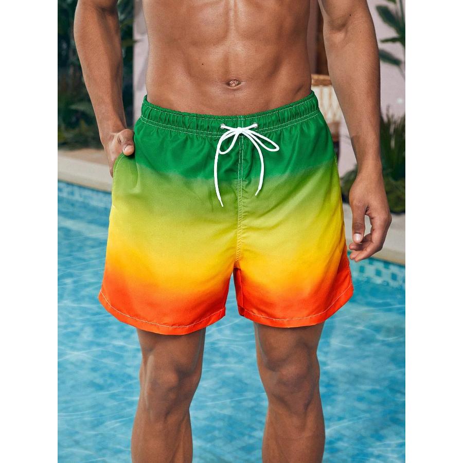 Men's Beach Shorts Gradient Color Block Drawstring Summer Men's Swim Trunks Elastic Waist 3D Print Breathable Short Streetwear