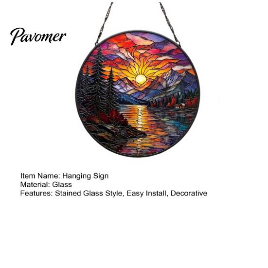 Creative Housewarming Gifts Stained Glass Style Suncatcher, Mountain Sunset Landscape Window Hanging Ornament, Colorful Sunrise Art Decor Sun Catcher