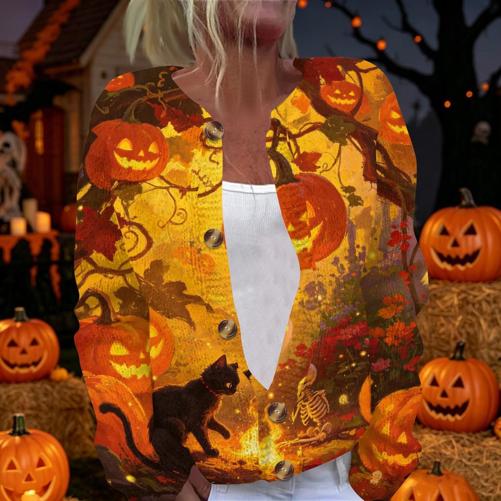 Womens Halloween Print Long Sleeve Knit Cardigan Button Up Sweater Coat Gothic Castle Bat Moon Design Outerwear