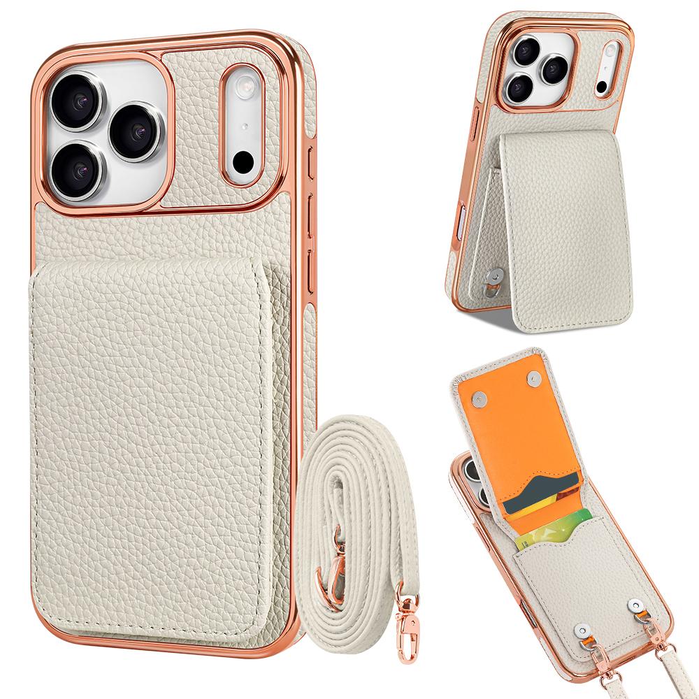 Crossbody Litchi Pattern Card Bag Hanging Rope Phone Case for iPhone 17 Pro Max 16 Plus 15 14 13 Long Lanyard Kickstand Cover