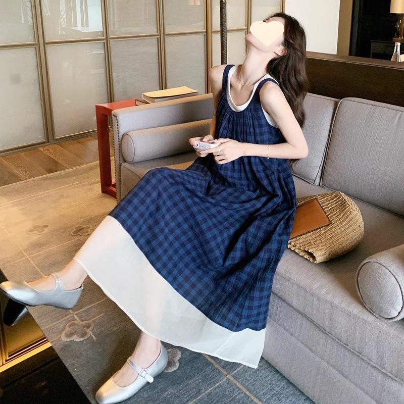 Blue Plaid Sleeveless Dress Literary Style Mori Retro Small Fresh Vacation Suspender Vest Long Dress