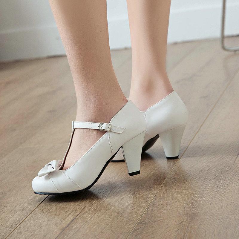 Plus Size 32-46 Girls Women High Heel Shoes Round Toe Heel Pumps Women's Platform Pumps with Bow Party Wedding Footwear T Strap