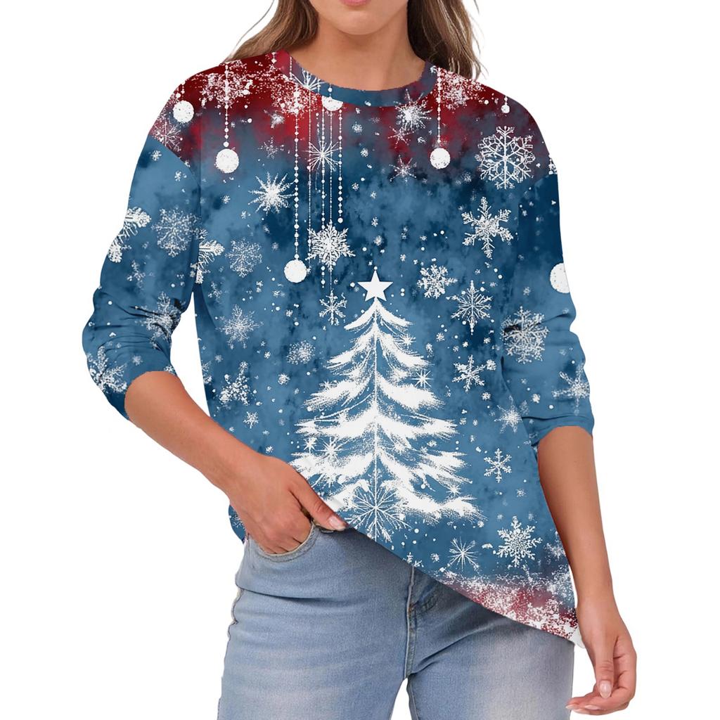 Women's Fashion Casual Christmas Print Round Neck Solid Color Long Sleeve Top