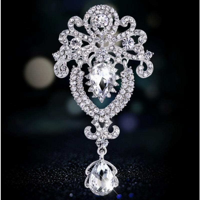 Gorgeous and Luxurious Drop-shaped Brooch Set with Diamonds, Trendy and Popular Alloy Clothing Accessory Pin