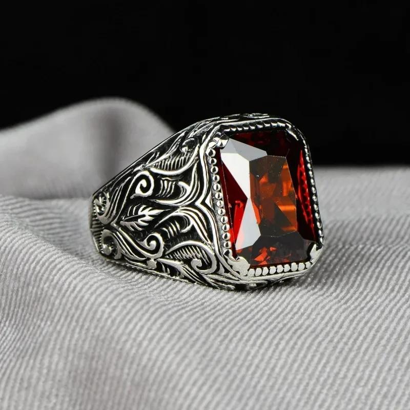 New Vintage Handmade Turkish Signet Ring for Men Women Ancient Silver Color Carved Ring Red Yellow Zircon Inlay Punk Motor Biker