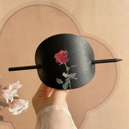 Chinese Style Hair Stick Rose Flower Printing Faux Leather Decor Hair Chopsticks DIY Hairstyle Accessory