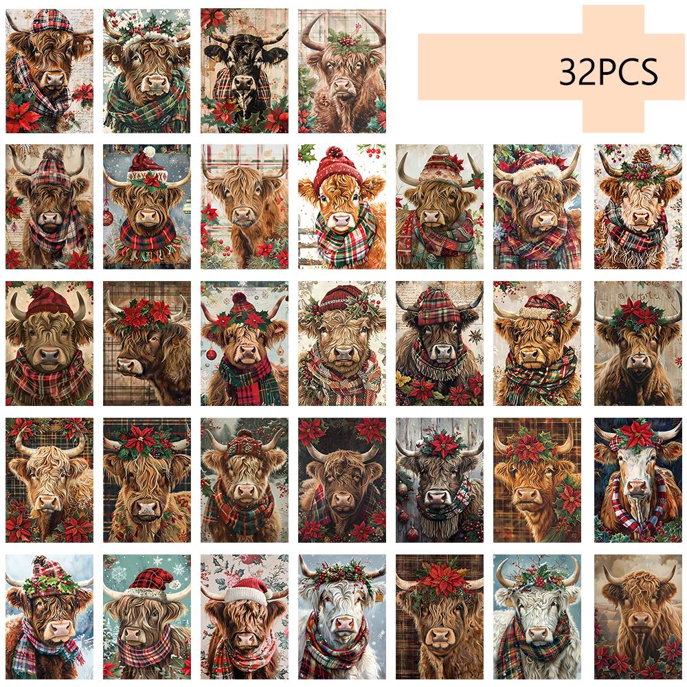 32pcs, Christmas Highlands Cow Postcard, Birthday/Anniversary Gift, Collectible, Suitable for Gift Giving, Can Be Mailed.