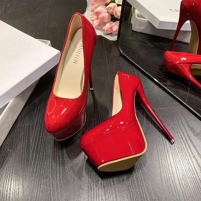 

Туфли на высоком каблуке 16 см Женские туфли-стилеты Сексуальные туфли Водонепроницаемая платформа Супервысокие Ночные клубные женские туфли Большой размер 35-43 43 43 красный