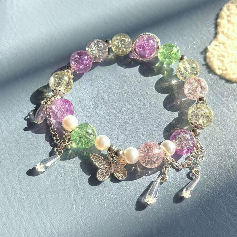 Korean Ins Pink Crystal Butterfly Pendant Beaded Bracelet For Women Girls Sweet Beaded Chain Bracelet Jewelry Gifts