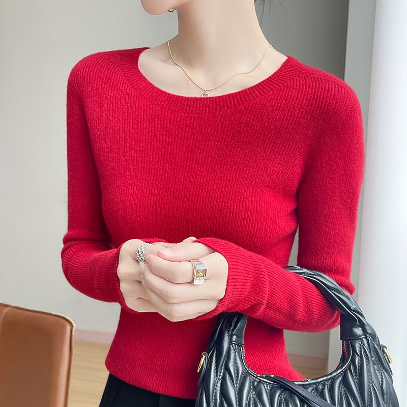 Solid Color Crew Neck Long Sleeve Slim Fit Casual Knit Sweater For Women