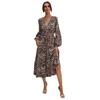 Vintage women's leopard print ruffle edge long-sleeved dress medium and long