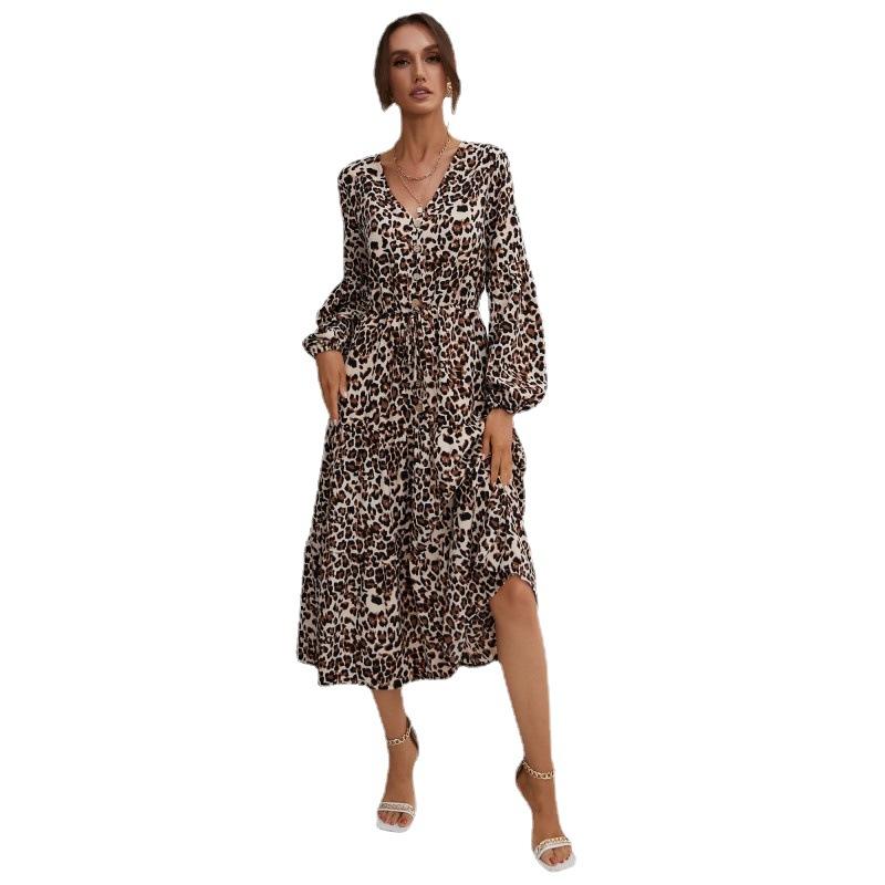 Vintage women's leopard print ruffle edge long-sleeved dress medium and long