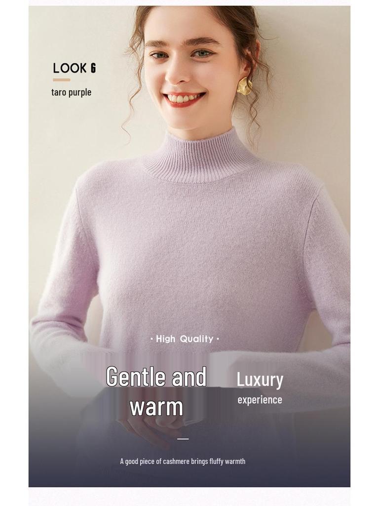 Women's Cashmere Half High Neck Slimming Solid Color Sweater for Autumn/Winter