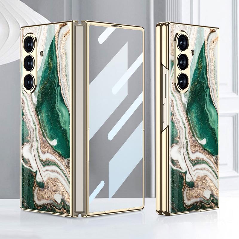 Luxury Painted Glass Plating Case for Samsung Galaxy Z Fold 5 6 7 Front Screen Glass Protective Cover for Galaxy Z Fold7 Case
