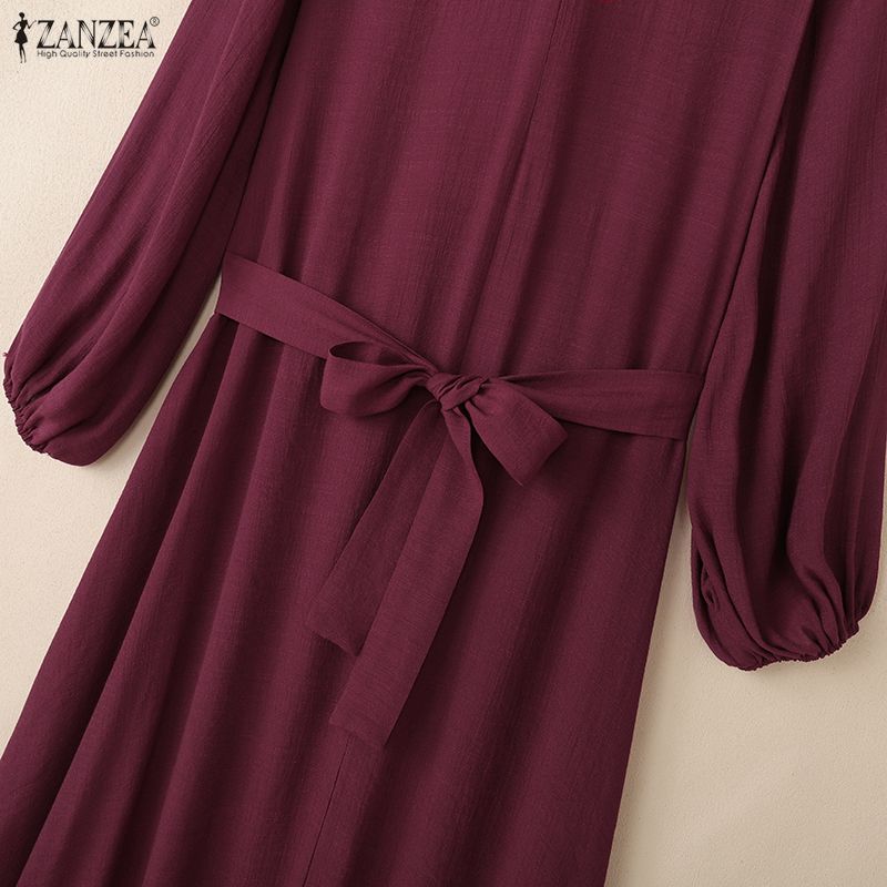 ZANZEA Muslim Women Casual Round Neck Loose Long Sleeve Dress