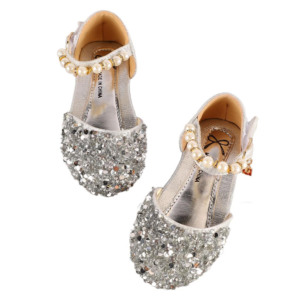 Kid Girl Sequins Faux Pearl Dress Shoes Children Fashionable PU Leather Glitter Flat Shoes for