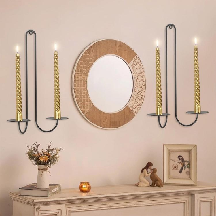 Black Metal Candle Sconces Double Armed Wall Mounted Iron Candle Holders Candlestick for Romance Living Room Decoration