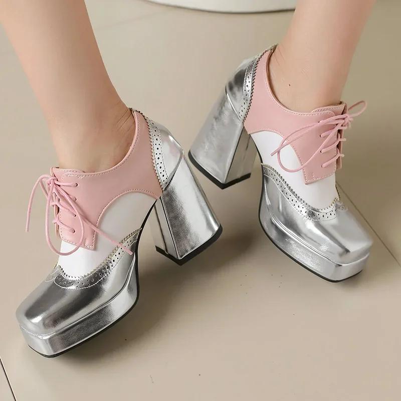 Fashion Red British Women Mixed Color Derbies Women High Thick Heels Pink Silver Oxfords Party Shoes Lace-up Square Toe Platform Brogues