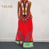 Vestido longo de verão com ombros de fora, sem mangas, linha A, retrô, colorido, estilo étnico, estampado, decote em V, bolsos laterais, comprimento total, vestido longo