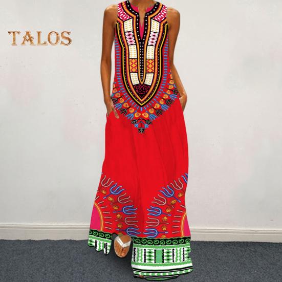 Vestido longo de verão com ombros de fora, sem mangas, linha A, retrô, colorido, estilo étnico, estampado, decote em V, bolsos laterais, comprimento total, vestido longo