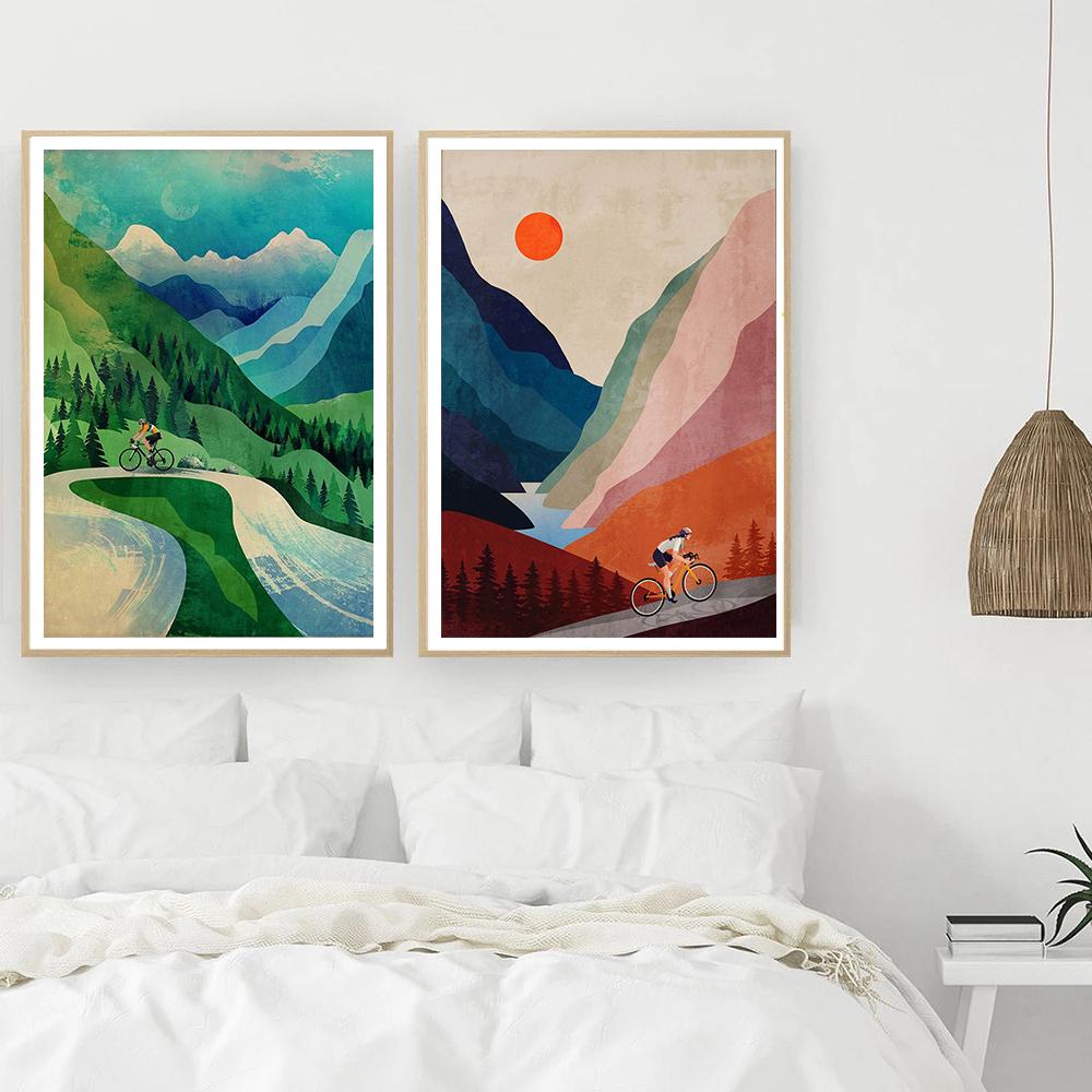 Cycling Mountaineering Oil Painting Printmaking Inspirational Bicycle Wall Art Picture Living Room Bicycle Poster