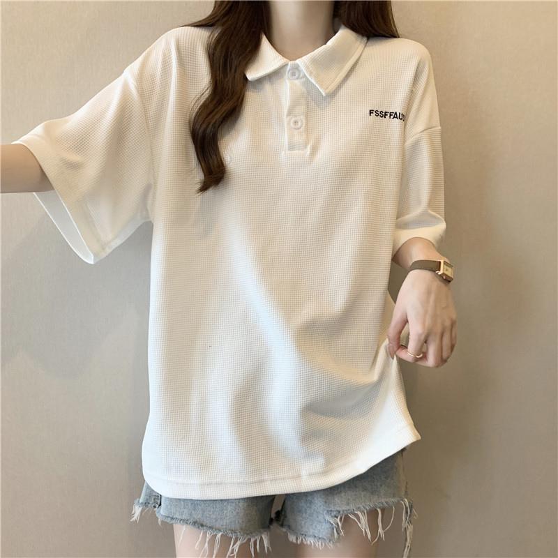 Sommer Mode Frauen T-Shirts Brief drucken Grafik T-Shirt Femme Harajuku beiläufige lose Polokragen Waffler Kleidung T-Shirt weibliche Streetwear
