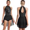 Body da ballo latino Chacha da donna S-XXL: Body Leotard Monopezzo Senza Maniche con Strass Scintillanti, Schiena Svuotata, Gonna Irregolare, per Ginnastica