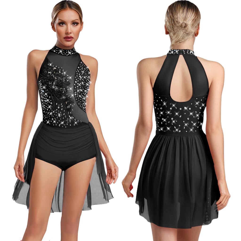 Body da ballo latino Chacha da donna S-XXL: Body Leotard Monopezzo Senza Maniche con Strass Scintillanti, Schiena Svuotata, Gonna Irregolare, per Ginnastica