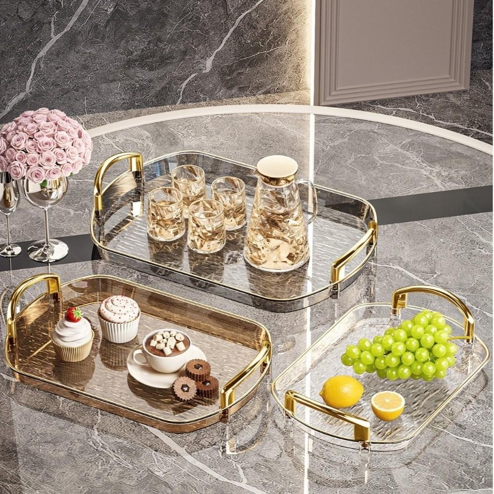 Rectangular Clear Luxury Tray Gold Rim Dining Tea Serving Platter Decorative Tray  Home Decor