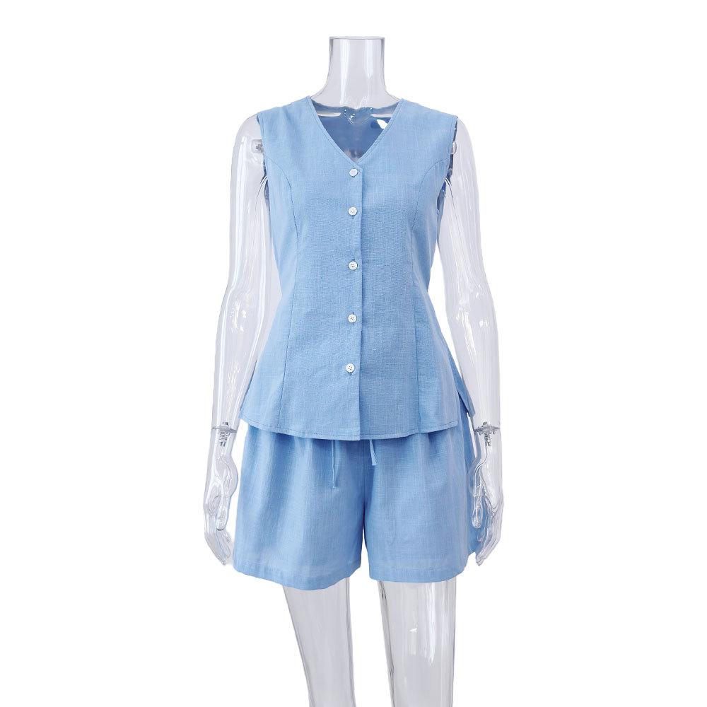 2024 French Niche Summer Blue Suit New Sleeveless Lace-up Vest Top Shorts Two-Piece Women s Suit S синий