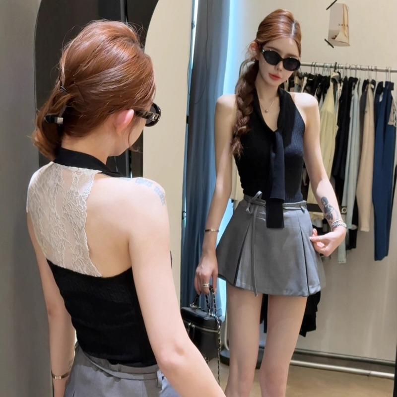 Pure desire back spliced lace knitted vest women's new summer streamer design slim halterneck top