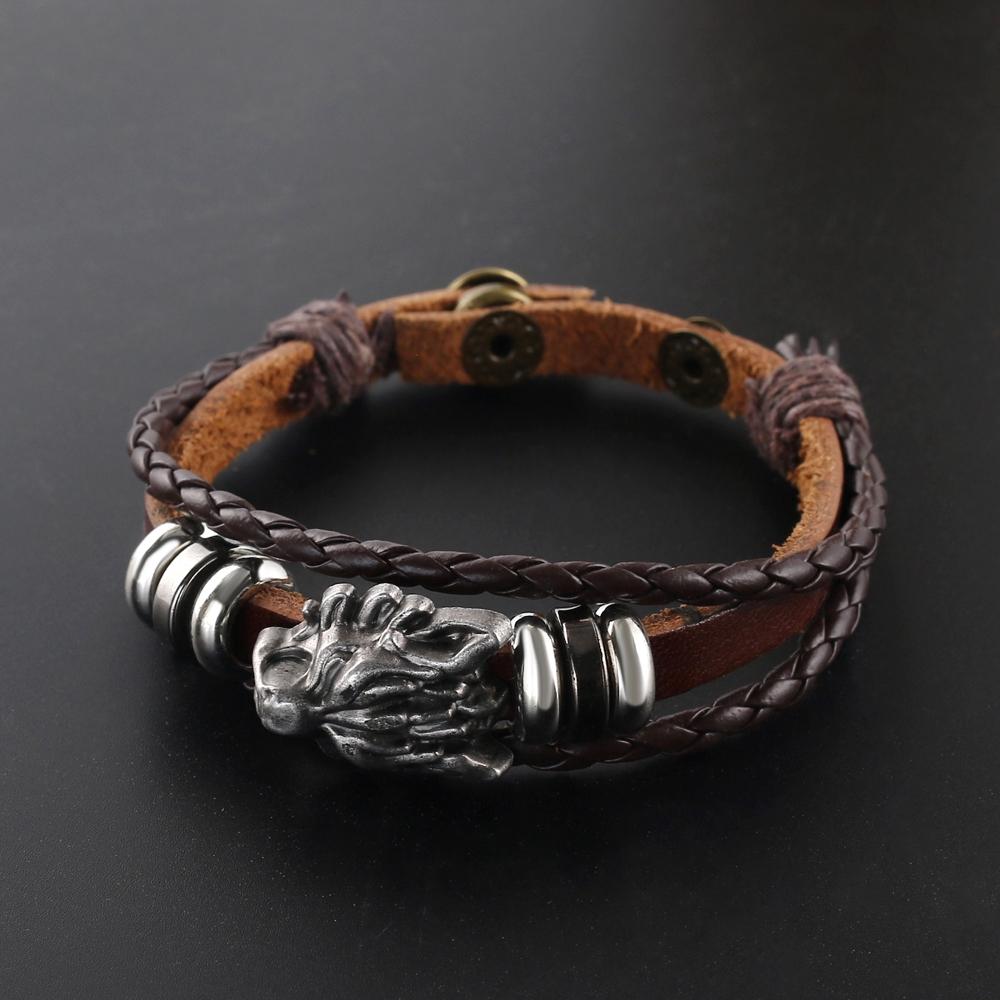 Vintage Multilayer Lion Pattern Weave Leather Cuff Bracelet Men