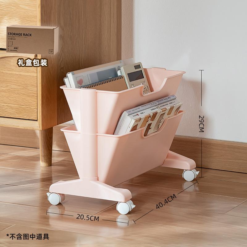 Mobile Book Storage Rack Under The Desk, Double-sided Student Storage Rack with Wheels for Documents