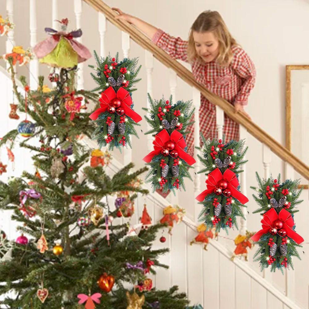 Red Bow Christmas Wreath Pine Cone Artificial Rattan Staircase Arrangement PE Leaf Simulation Plant Rattan Decoration