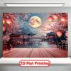 2D Night Cherry Blossom Lake Pavilion Tapestry for Chinese New Year Festival Decoration