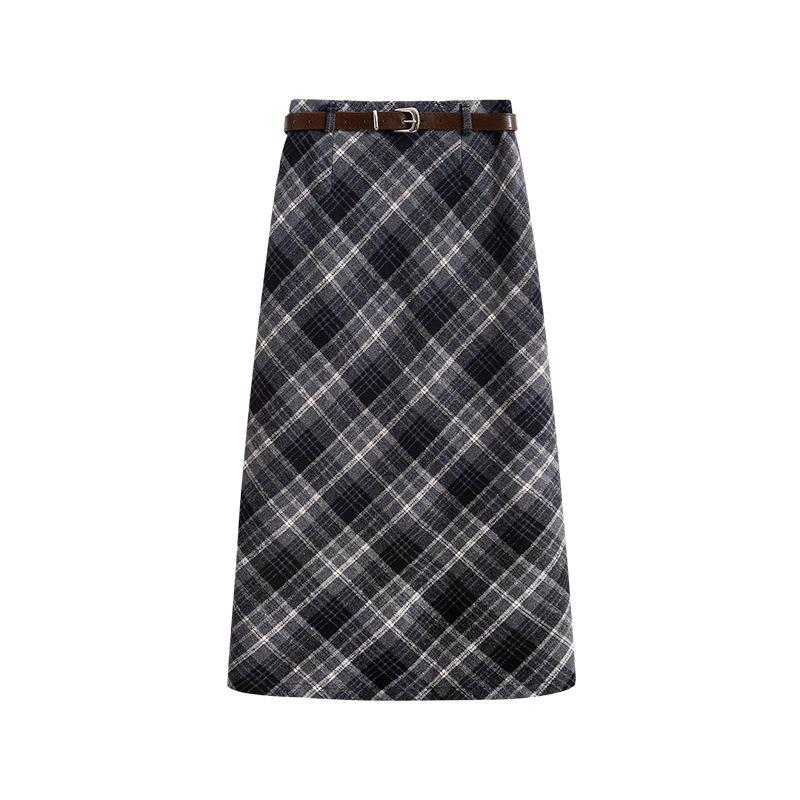 Melanoid Retro Plaid High-Waist Wool Skirt - Women's Trendy Slimming Comfort for Spring/Autumn 2026