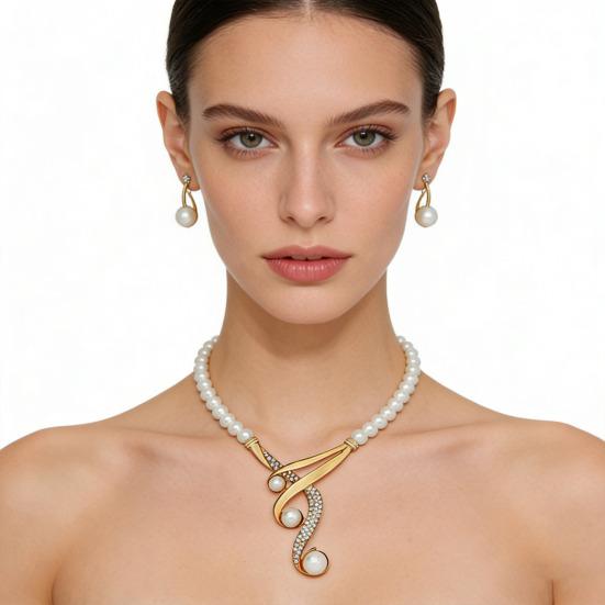 1 Set Wedding Faux Pearl Jewelry Women Beaded Necklace And Earrings Elegant Rhinestone Necklace for Party Engagement Bridal Shower