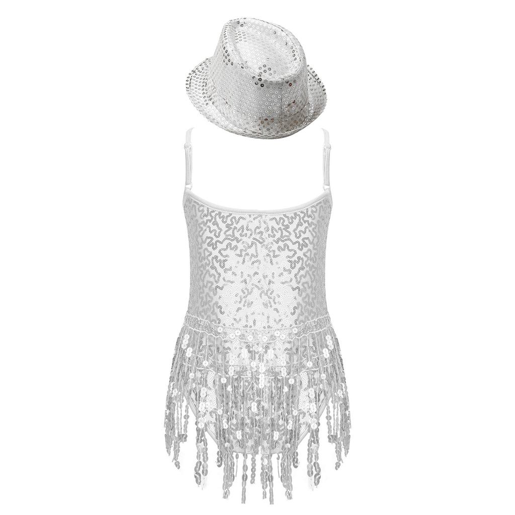 Girls Sleeveless V Neckline Mesh Patchwork Shiny Sequins Tassel Hem Leotard Hat Jazz Latin Dance Costume