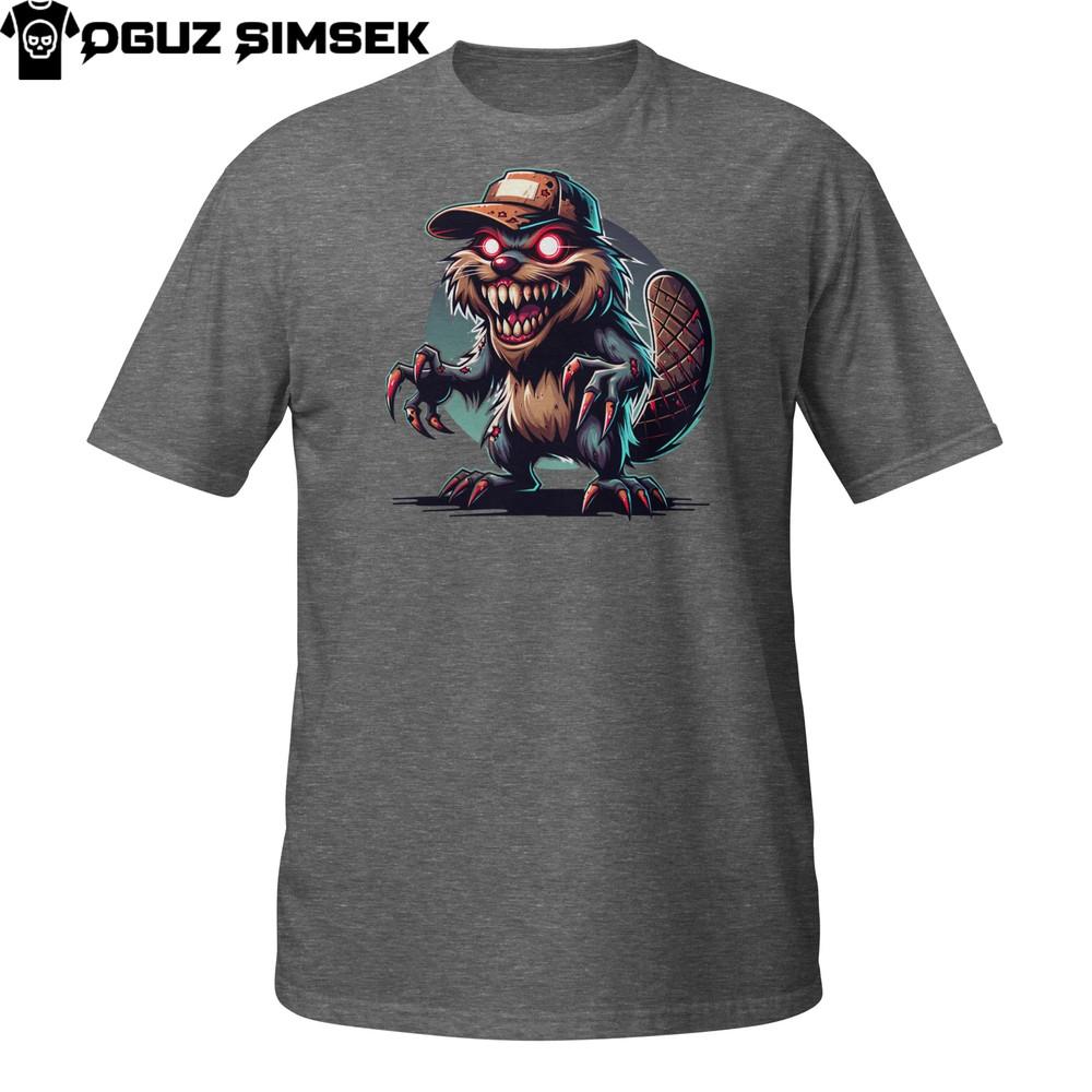 

Psycho Beaver T-Shirt | Mad Zombie Rodent with Cap and Fangs | Horror Tee L