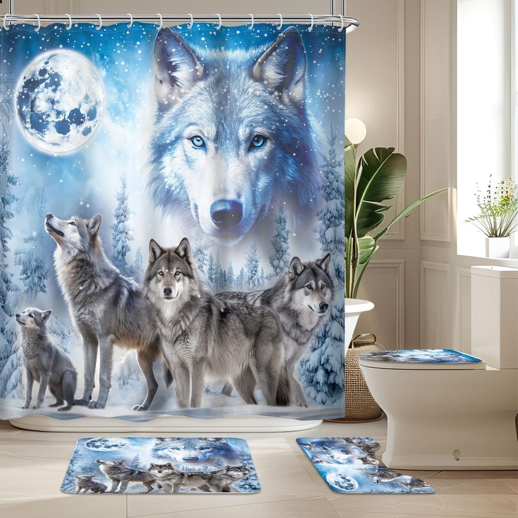 4Pcs Shower Curtain Set with Non-Slip Bath Mat, Toilet Lid Cover, Contour Rug & 12 Hooks, Bathroom Decor