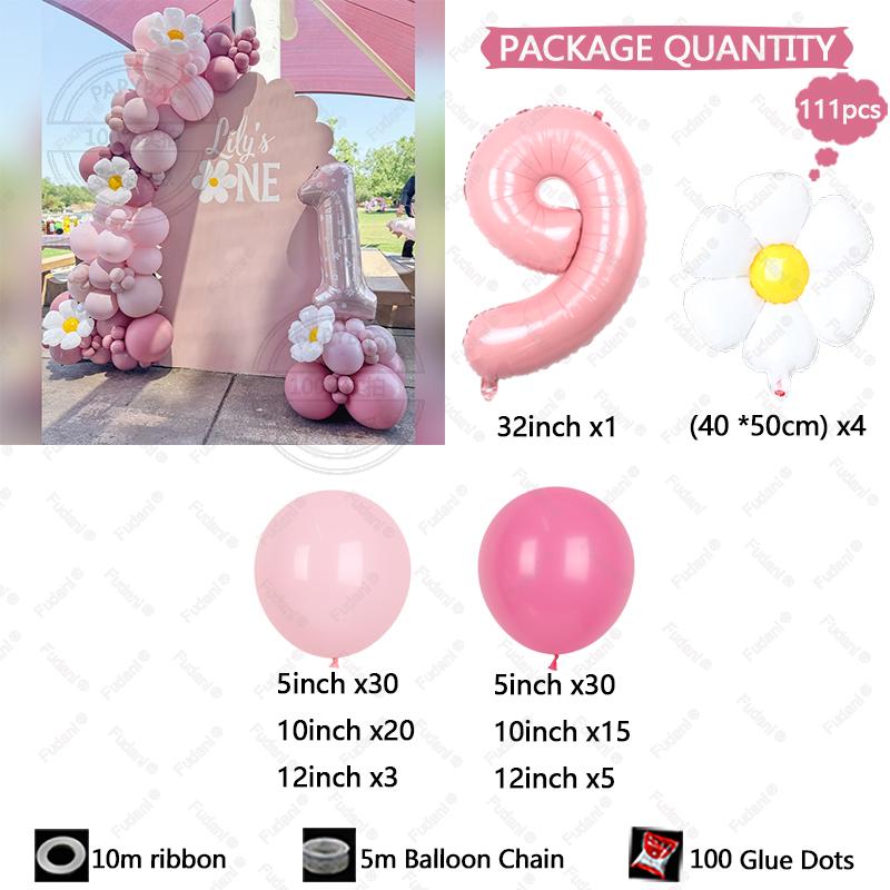 111pcs Daisy Flower Theme Party Decoration Pink Numbers 1-9 Birthday Balloon Set Baby Shower Photography Props Festival Supplies
