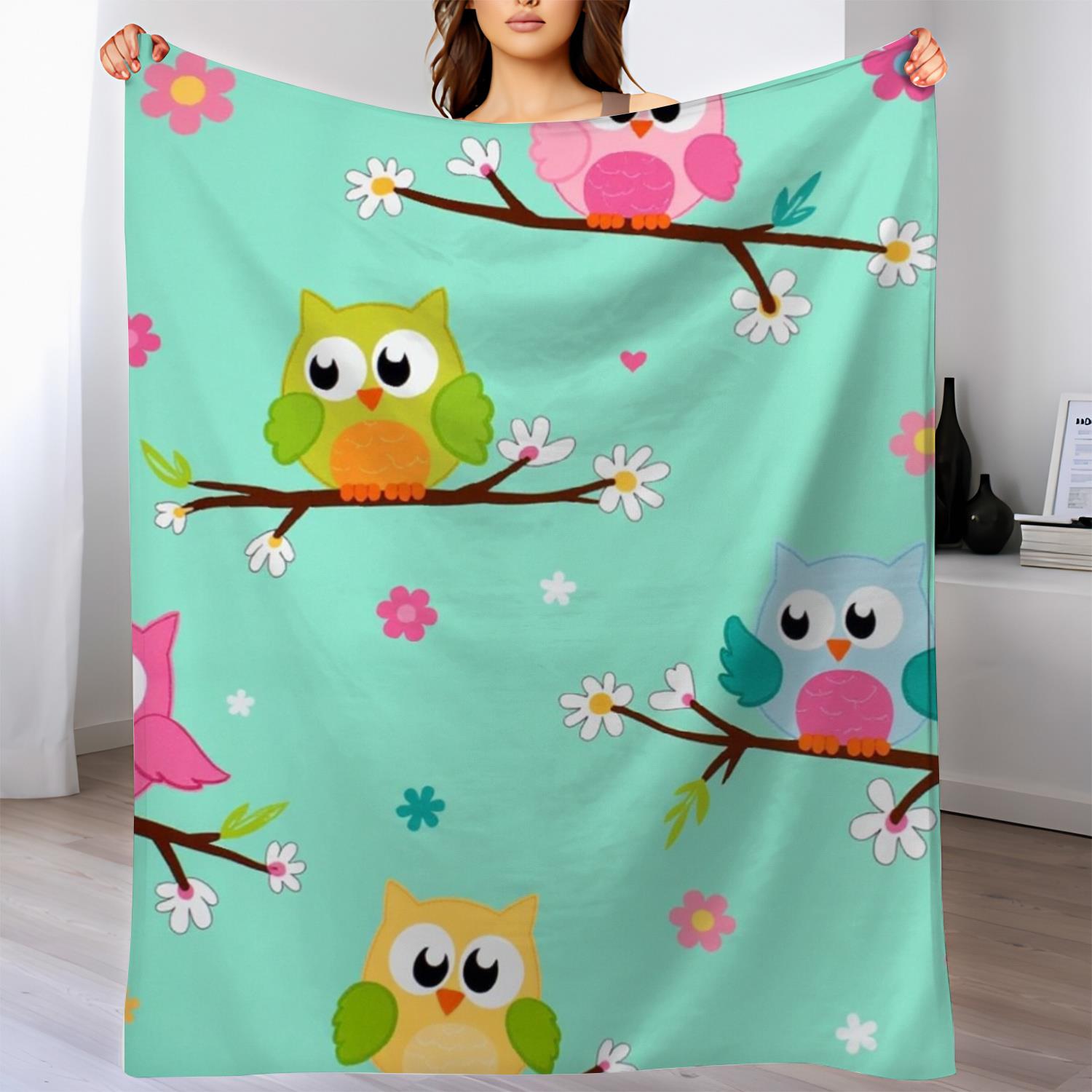 

Owl and branch pattern Flannel printed blanket suitable for all seasons suitable for living room office sofa and travel 75x90cm