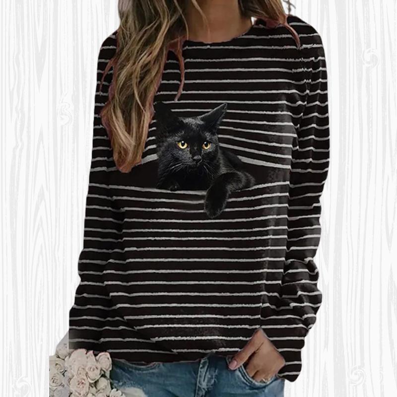 

Женские осенние топы, свободная футболка с милым котом и принтом кота, повседневная футболка с длинными рукавами, топ, блузка 8XL чёрный